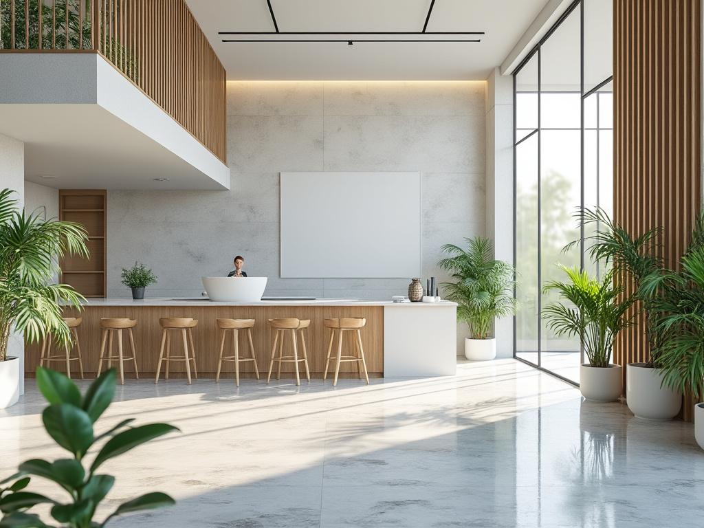 Modern hotel reception area with wooden elements, large windows, indoor plants, and white marble floor. Modern hotel reception area with wooden elements, large windows, indoor plants, and white marble floor.