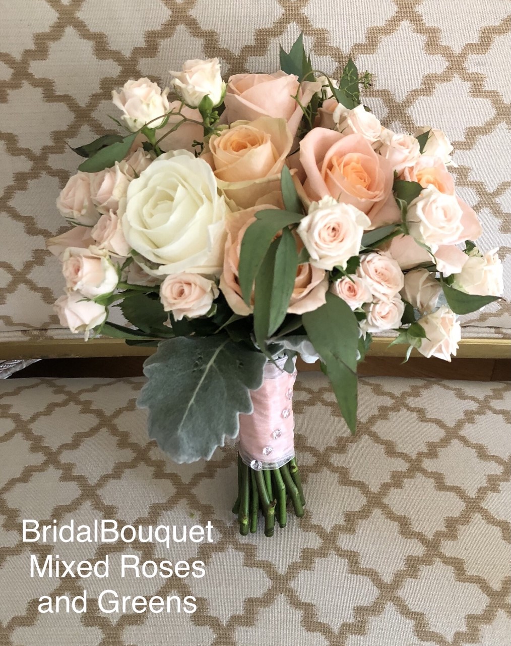 $160 - 2 tone big roses and 1 tone small roses and 2 types of greens Bridal Bouquet 