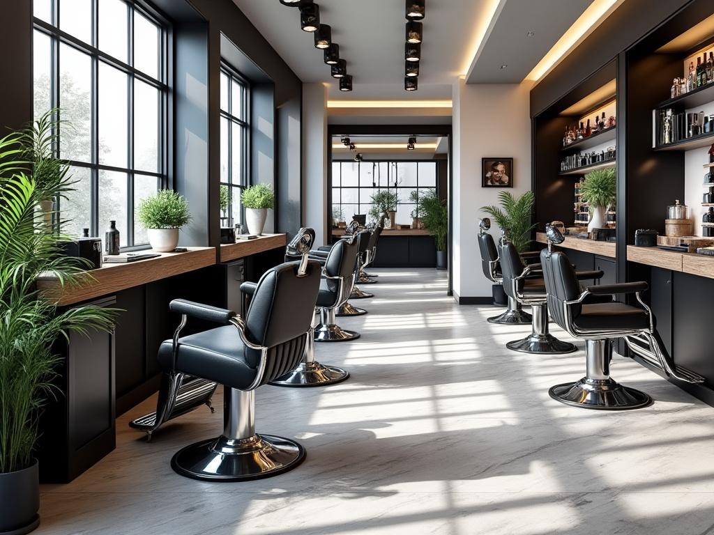 Modern barber shop interior with black leather chairs, wooden countertops, large windows, and green potted plants.