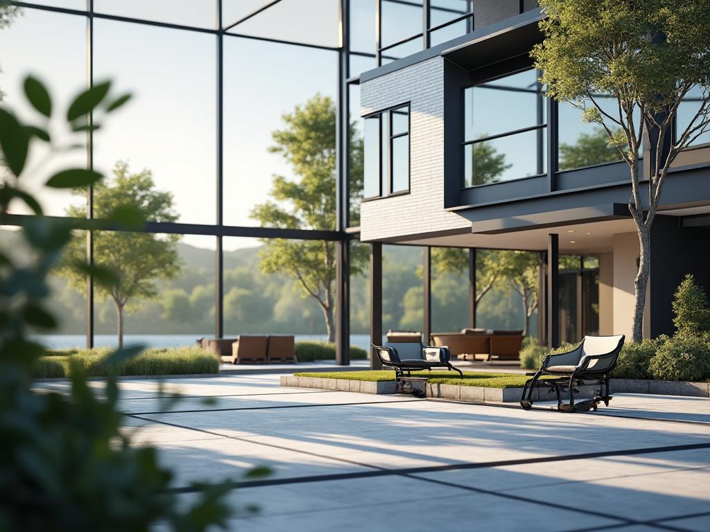 Modern outdoor patio with lounge chairs, large windows, trees, and scenic water view.