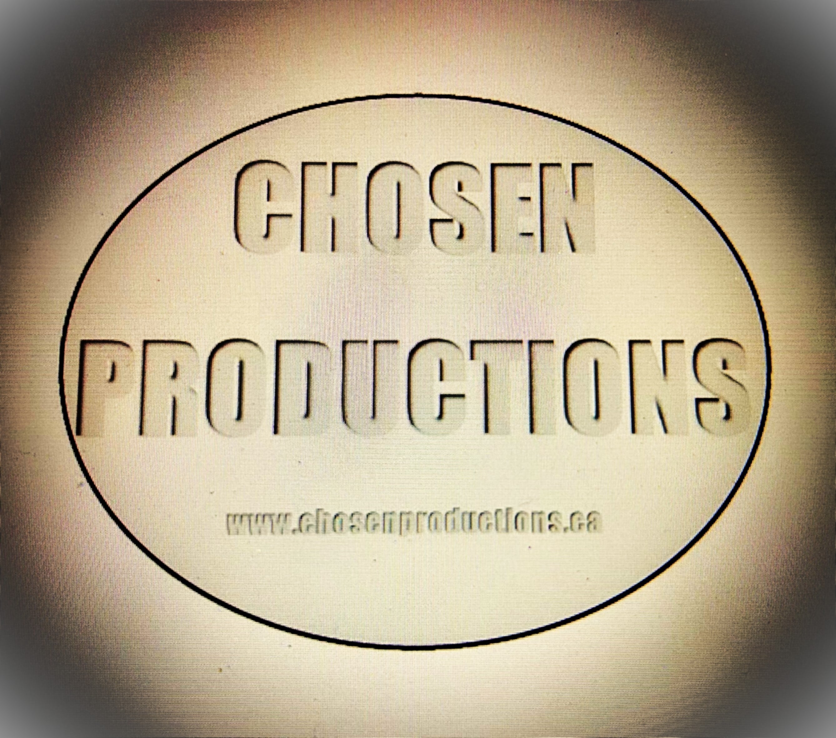 Close-up of Chosen Productions logo with website URL on a textured background