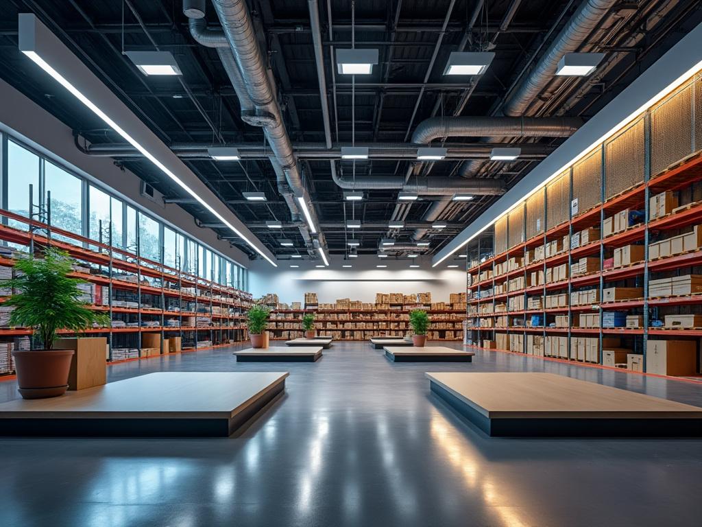 Modern warehouse interior with organized shelves stocked with boxes and plants in large pots, under industrial-style lighting.
