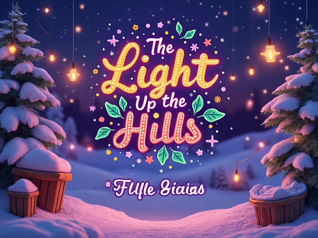 Festive winter scene with snow-covered trees and benches framing a glowing text 'The Light Up the Hills' against a starry night sky, with hanging light bulbs.
