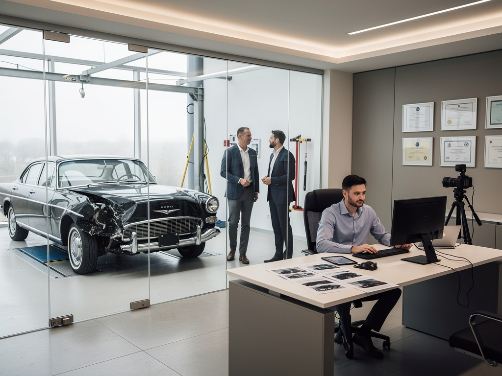 Oldtimer-Gutachten im modernen Kfz-Sachverständigenbüro mit beschädigtem Klassiker, Experten und digitaler Fahrzeugbewertung Oldtimer-Gutachten im modernen Kfz-Sachverständigenbüro mit beschädigtem Klassiker, Experten und digitaler Fahrzeugbewertung