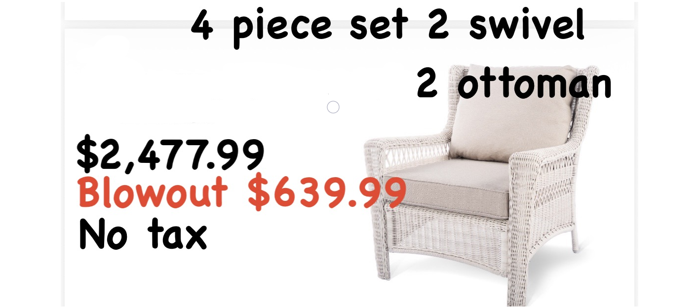 197 Park Meadow Swivel 4 Piece
Regular $2477.99
Blowout $639.99 no tax