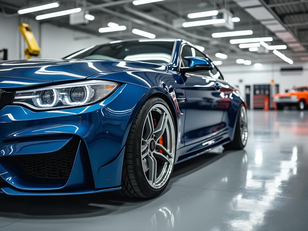 Close-up of a blue sports car in a brightly lit garage with modern lighting and shiny alloy wheels. Close-up of a blue sports car in a brightly lit garage with modern lighting and shiny alloy wheels.