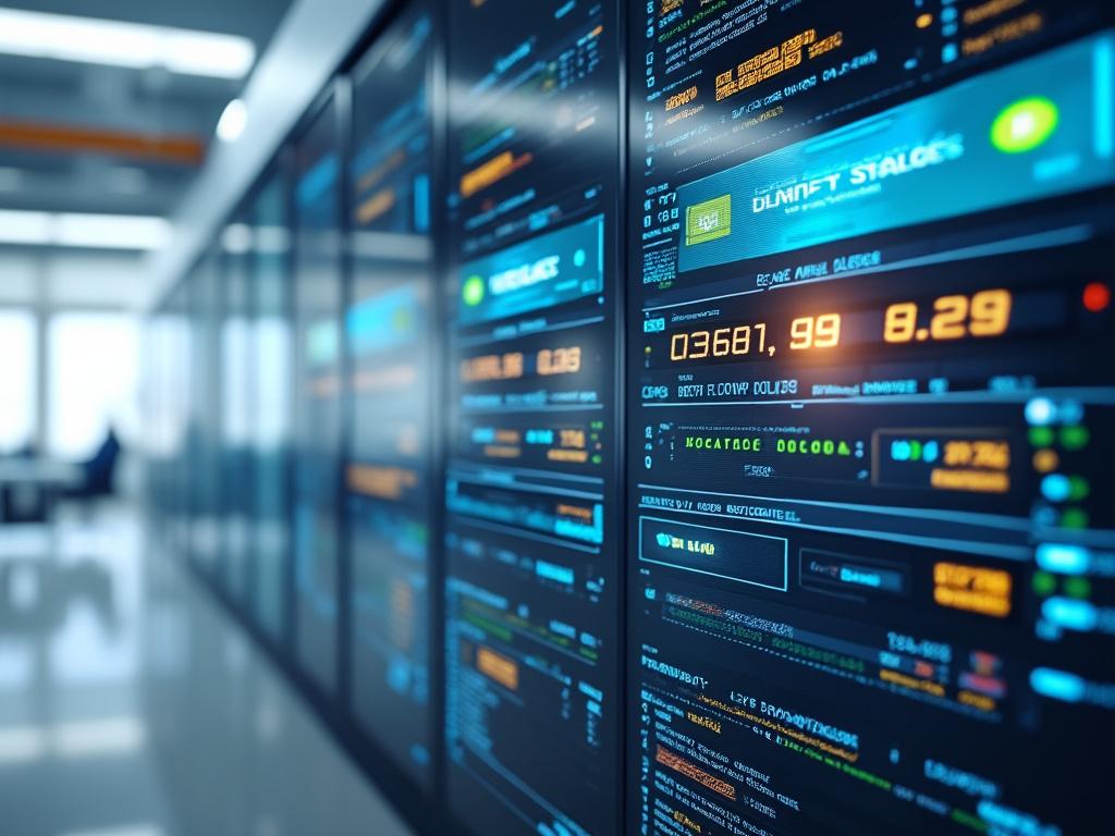Close-up view of a modern data center control panel with digital screens displaying analytics and metrics.