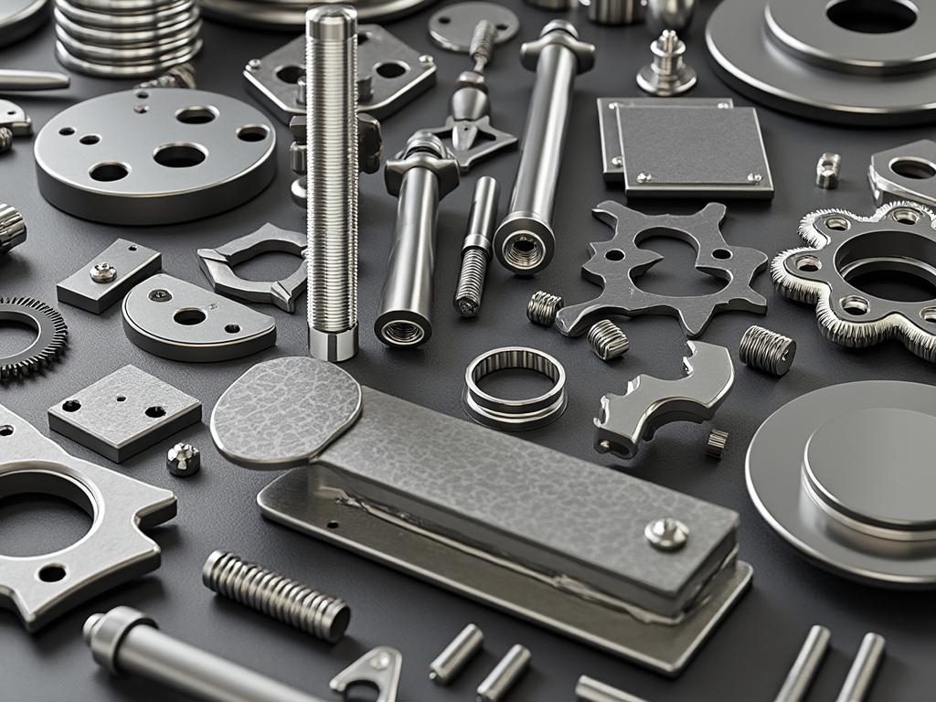 Assorted industrial metal machine parts and components on a dark surface