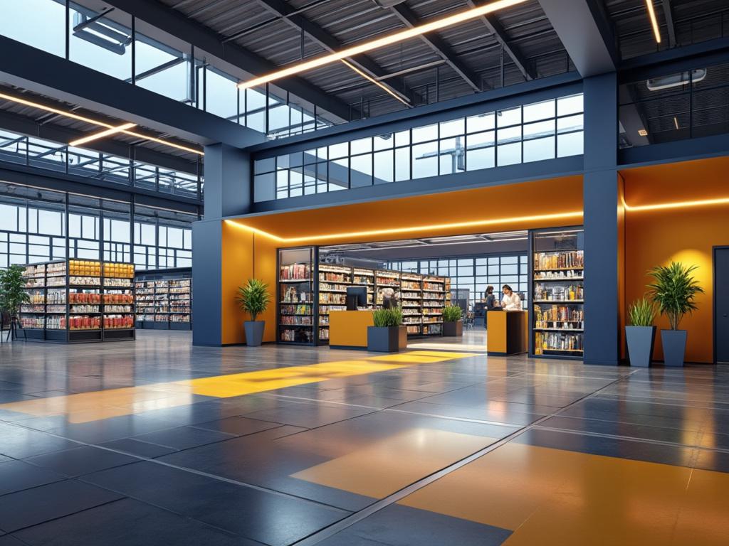 Modern industrial-style supermarket interior with large windows, orange accents, plant decor, and stocked shelves.