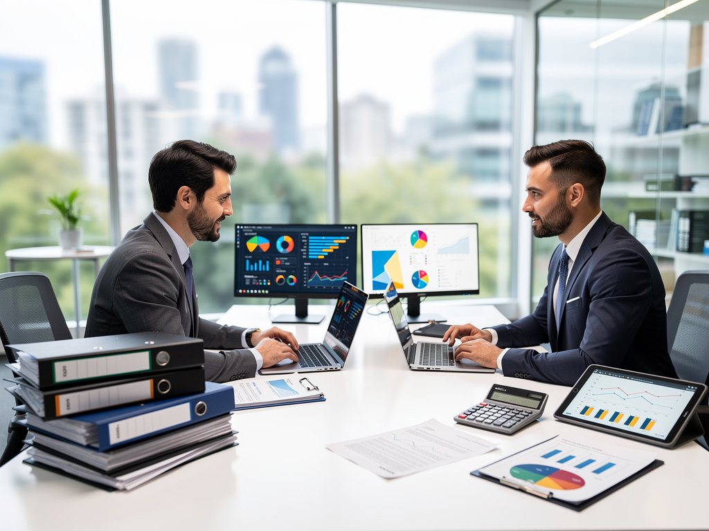 Business professionals analyzing financial data dashboards during a meeting in a modern office