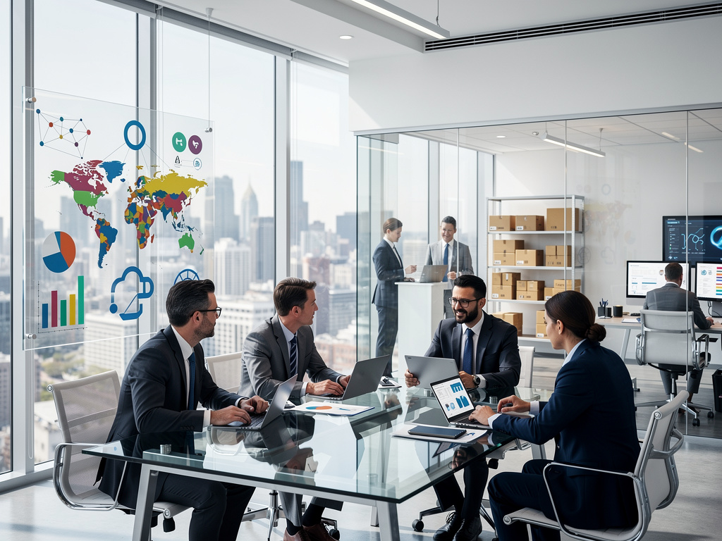 Business professionals in modern glass office meeting with laptops, analytics charts and global map dashboard