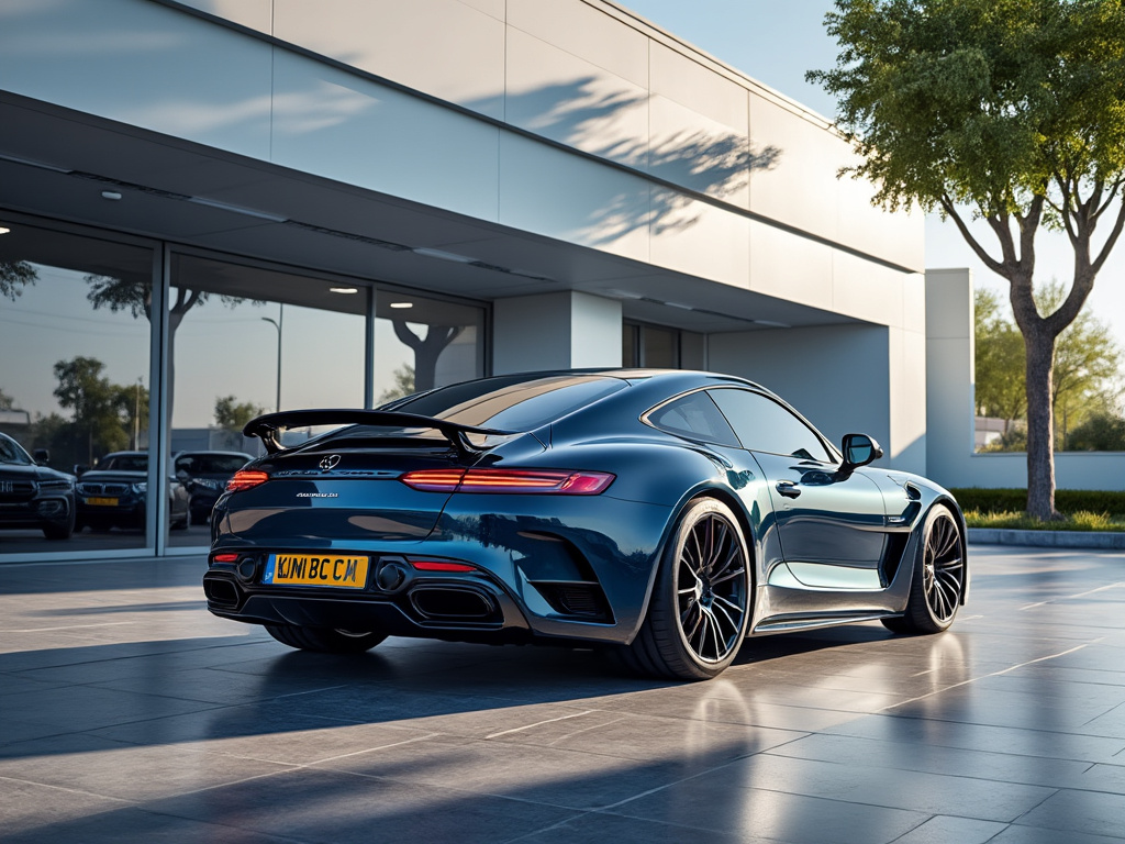 Sleek blue luxury sports car parked outside a modern building with large windows and trees.