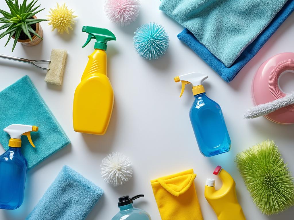 Colorful cleaning supplies including spray bottles, microfiber cloths, sponges, a scrubbing brush, and an indoor plant arranged on a white surface.
