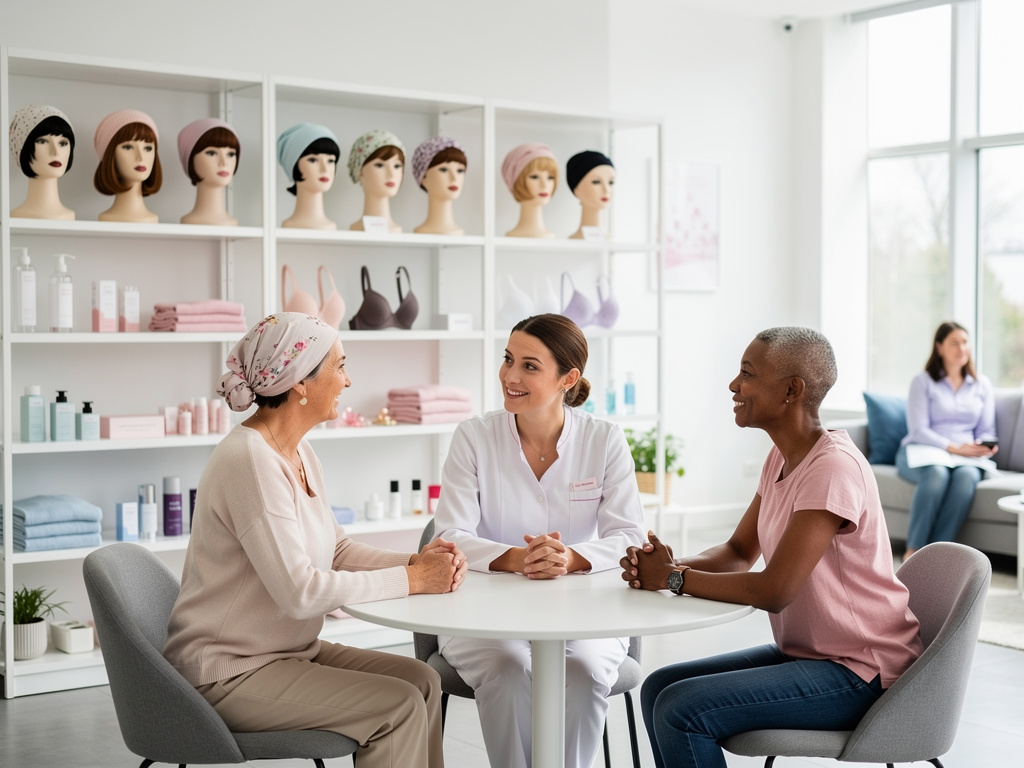 Cancer patients consulting healthcare professional in wig and headscarf boutique