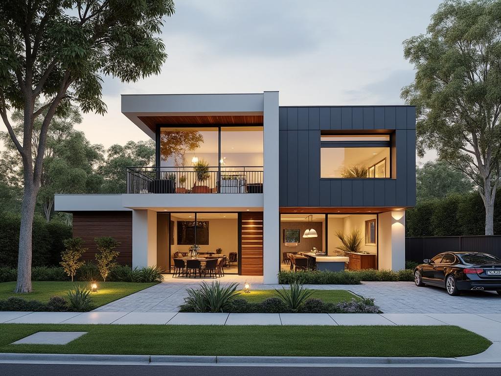 Modern two-story house with floor-to-ceiling windows, balcony, garden, and driveway with parked car, surrounded by trees at dusk.