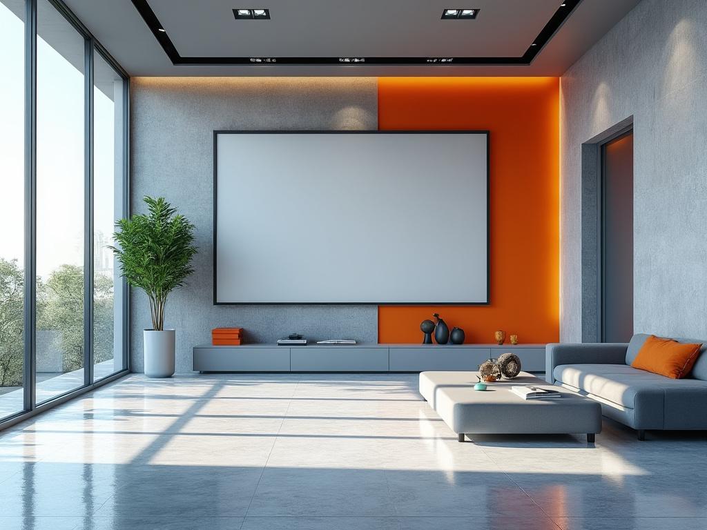 Modern living room with large windows, grey couch with orange pillows, flat screen TV on orange-accented wall, and indoor plant.