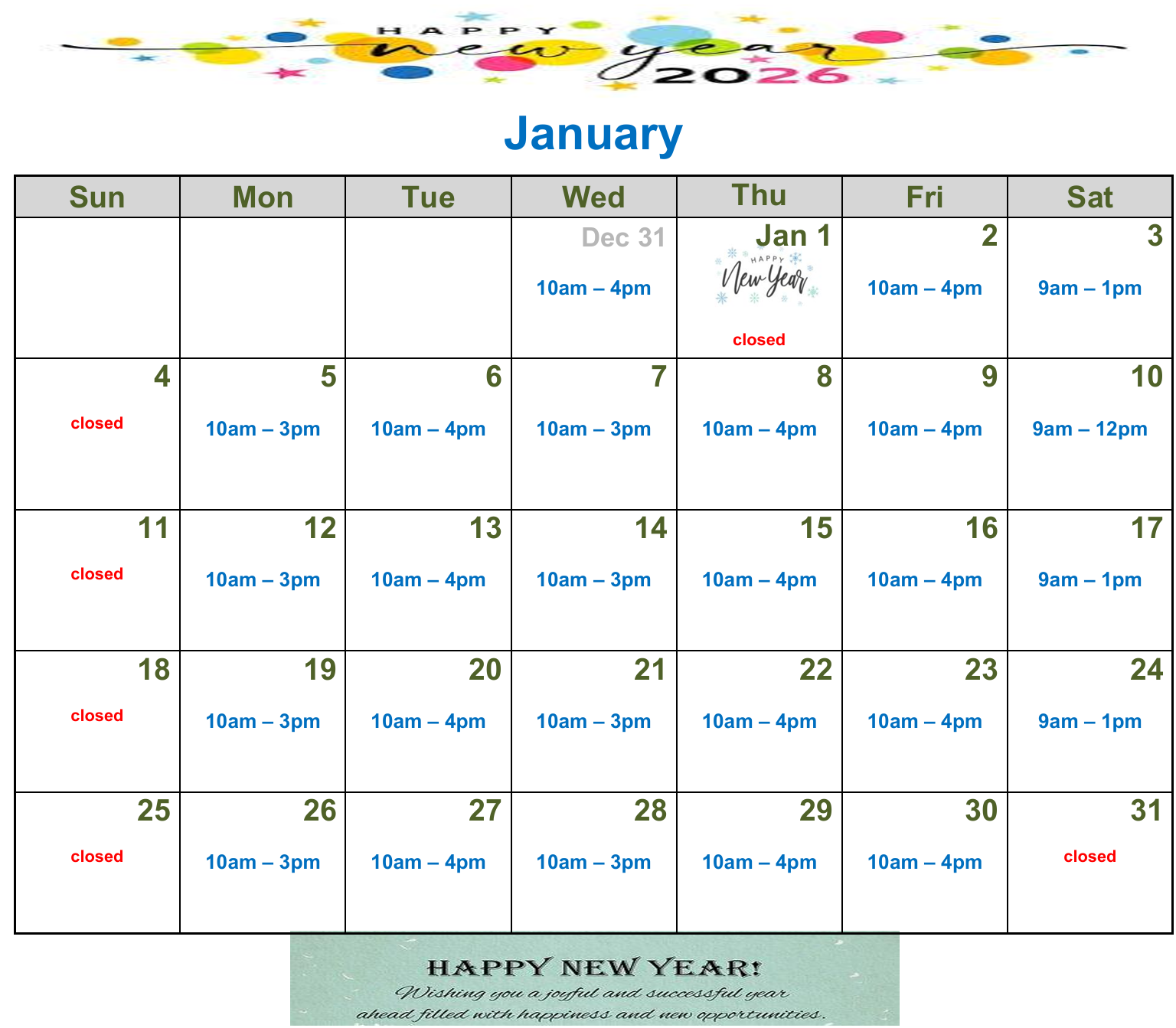 Clinic hours for this month