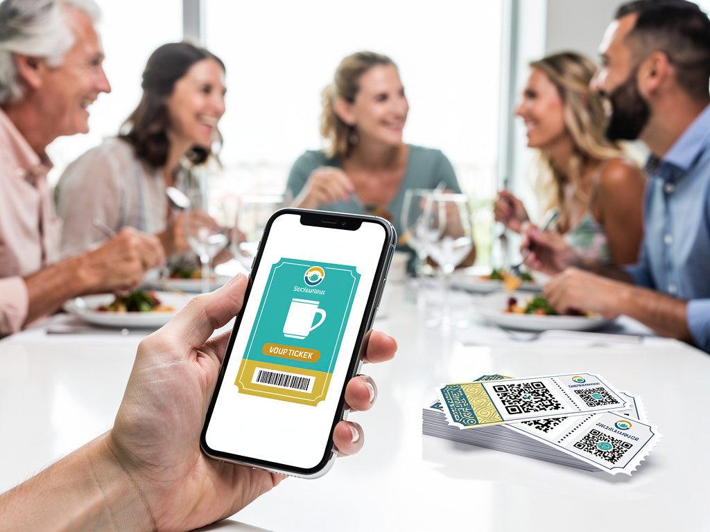Hand holding smartphone with digital meal voucher ticket and QR code cards at restaurant table with people dining