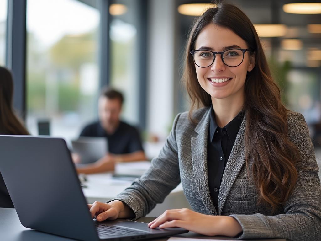 Smiling woman with glasses working on a laptop in a modern office setting.