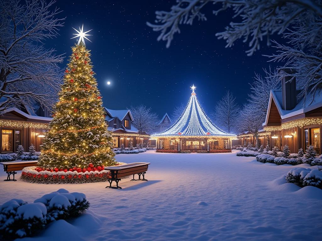 Snowy village at night with large decorated Christmas tree and illuminated gazebo, surrounded by snow-covered trees and buildings.
