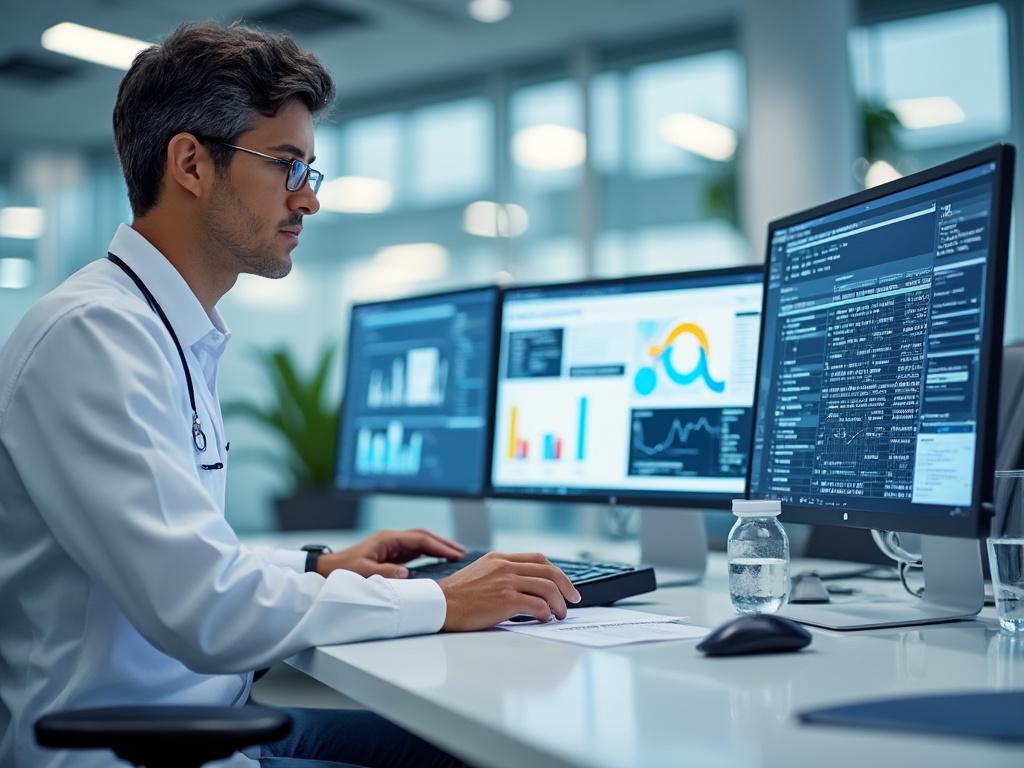 Doctor analyzing medical data on computer screens in an office environment.