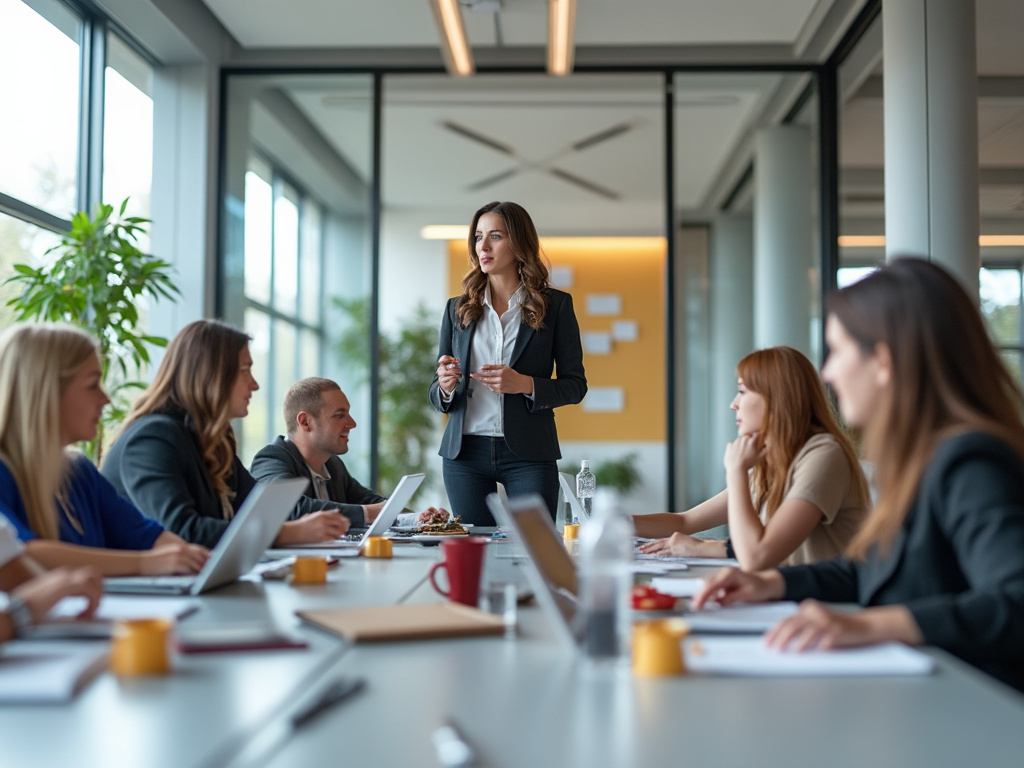 Businesswoman leading a team meeting in a modern office conference room with laptops and colleagues