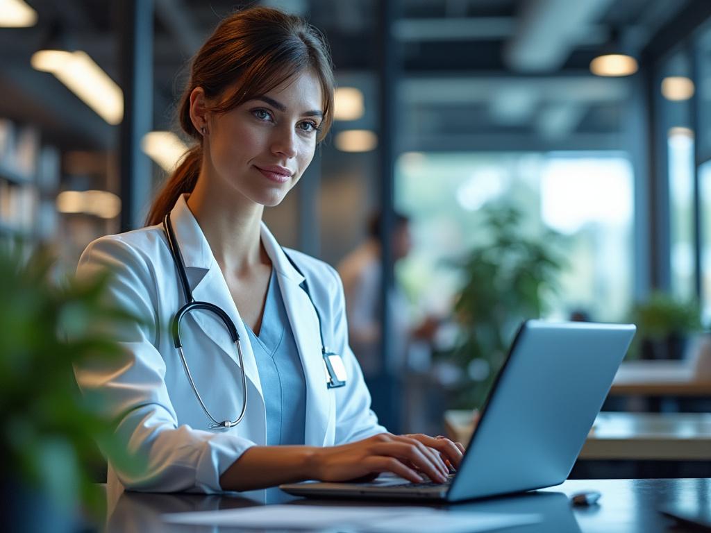 Female doctor in white coat using a laptop in a modern medical office environment.