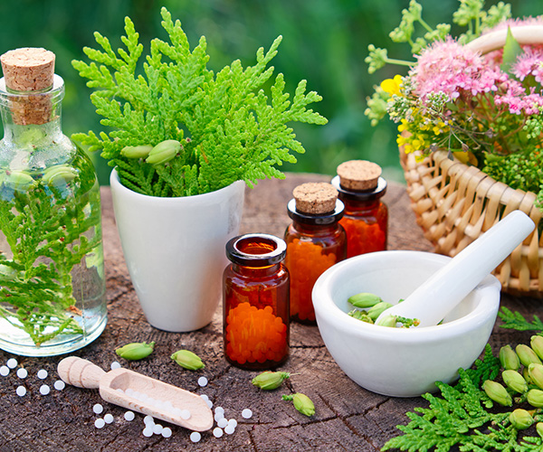 Bottles of homeopathic globules