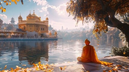 Sikh monk meditating by the Golden Temple lake in Amritsar at sunrise with autumn leaves and peaceful reflections