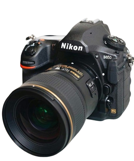 Nikon D850 DSLR camera with lens, featuring black body and detailed controls
