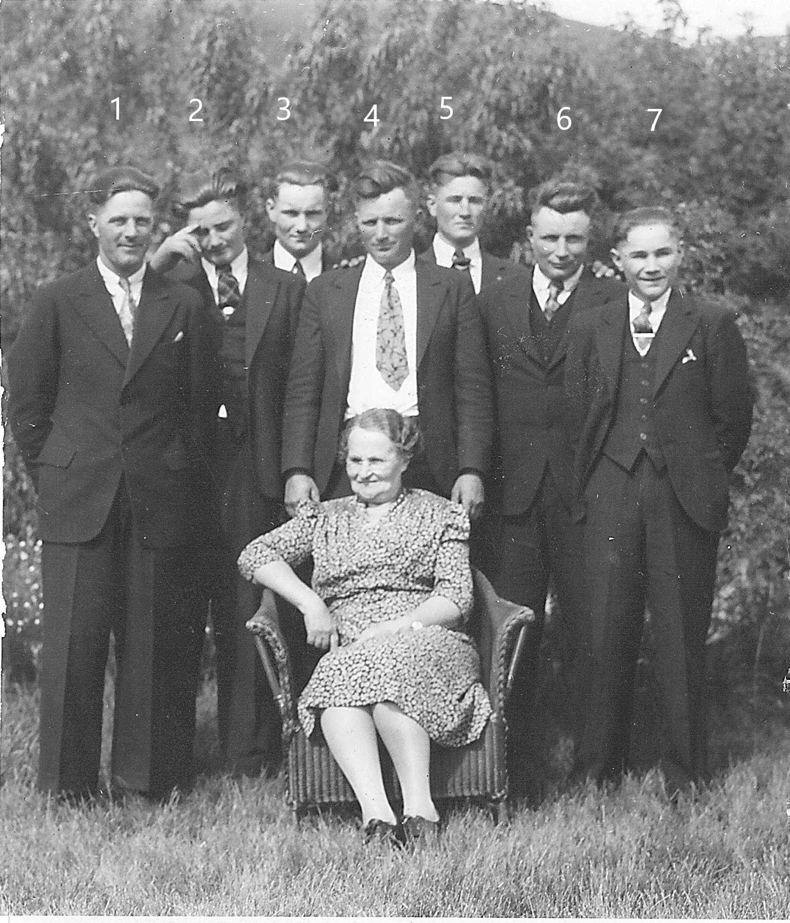 We know these gentlemen are the boys of Sheridan and Julia "Juey" Lawrence (seated in front) - but we aren't sure which ones are which! It's possible they are standing in order from eldest to youngest. There were 7 boys in the family named (oldest to youngest) Malcolm, Osborne, Stanley, Issac, Elmer, Oswald, Walter. We've added some numbers to help identify who is who - and we appreciate your help in doing so!
990.4.46.41 / Hopkins, V.
--EDIT--

A friend has confirmed 1-Stanley 2-Walter 3-Oswald 4-Osborne 5- Issac 6-Malcolm 7-Elmer.