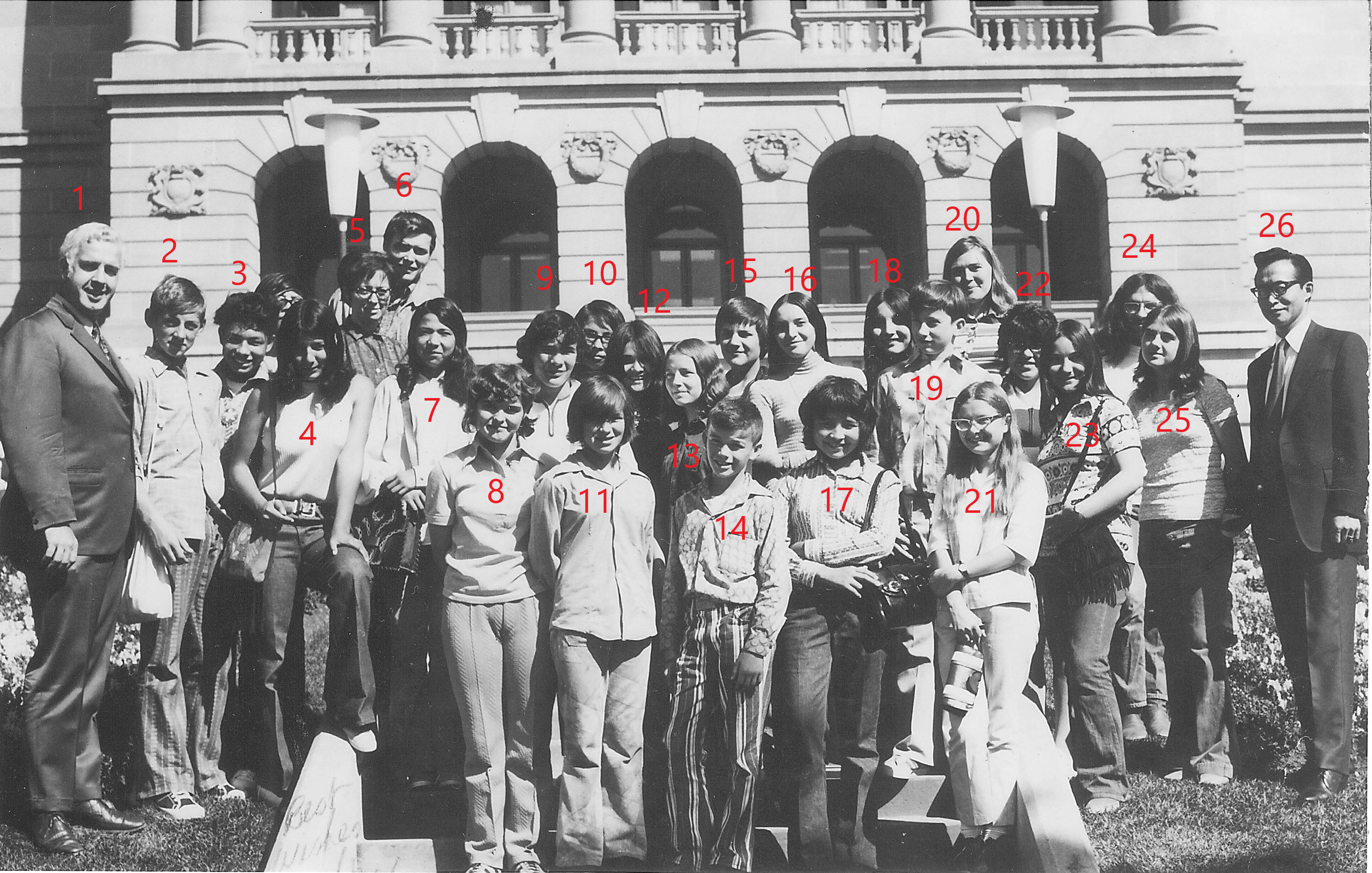 This is the "Wayo Ottawa Tour" group in Edmonton in 1972. The first big school trip out of the area - the group was comprised of students from every community in ID. 23 (now Mackenzie County) and organized by Mary Hewson and volunteers. We don't have notation of names for any of the individuals in the photo - if you recognize someone please comment their name and which number they are labelled as!
990.4.6.3 / Bell, Lorna
--EDIT--
#1 Al Adair #2 Bryan Rosenberger #3 Pierre from John D’or #4 Caroline Utinowatum and George Meneen just barely showing #5 sister Labre #6 Gordon Foster #7 Karen Ward #8 Colleen Foster #9 Stewart McAteer #10 Stella St.Arnault #11 Connie Batt #12 Janet Alook #13 Connie Davis #14 William Bundy #15 Brad Torangeau #16 Gloria Gladue #17 MaryKei Fournier #18 Veronica Batt #19 Norman Paul #20 Mary Hewson #21 Michelle Shesternak #22 Myrna Chalifoux #23 Bev Nenning #24 tour guide #25 tour guide #26 Mr Woo