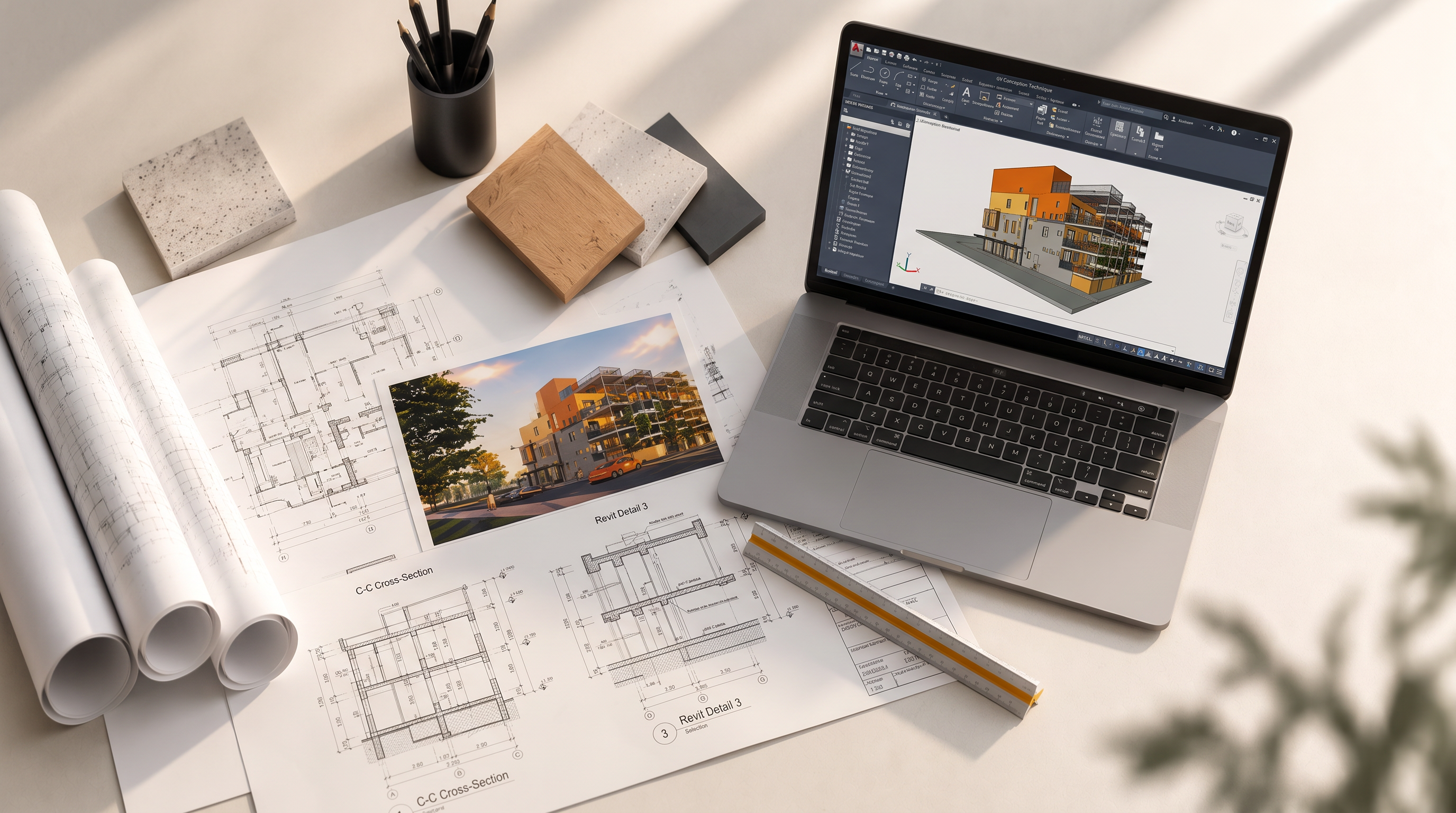 Équipe d’architectes travaillant sur des plans de bâtiment et modèles 3D BIM dans un bureau d’ingénierie moderne