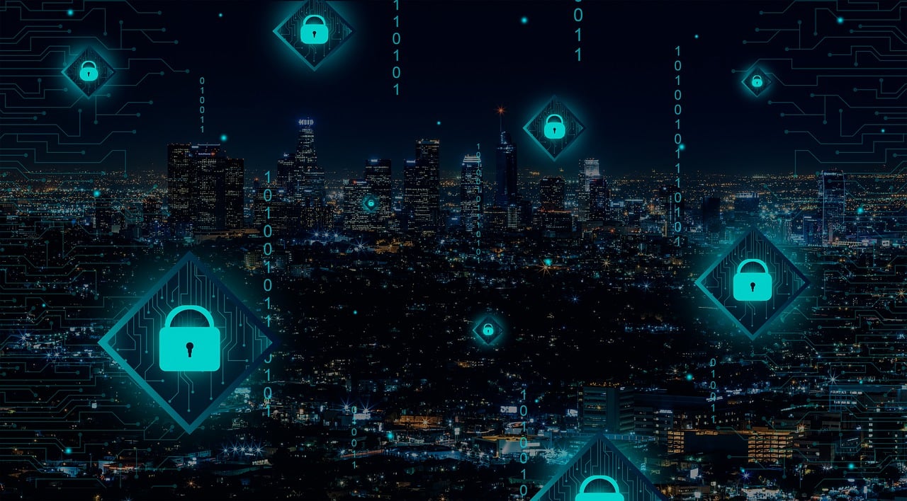 City at night with digital locks scattered across the picture