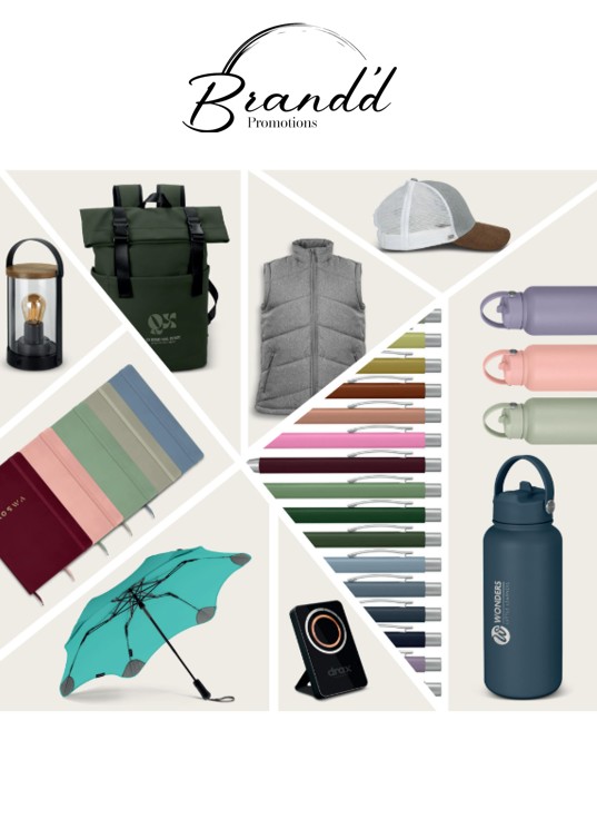 Flat lay of branded packaging items, clothing, sandals, and accessories with a modern design theme in blue, brown, and red tones.