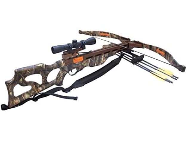 Camo crossbow with mounted scope and quiver of arrows.