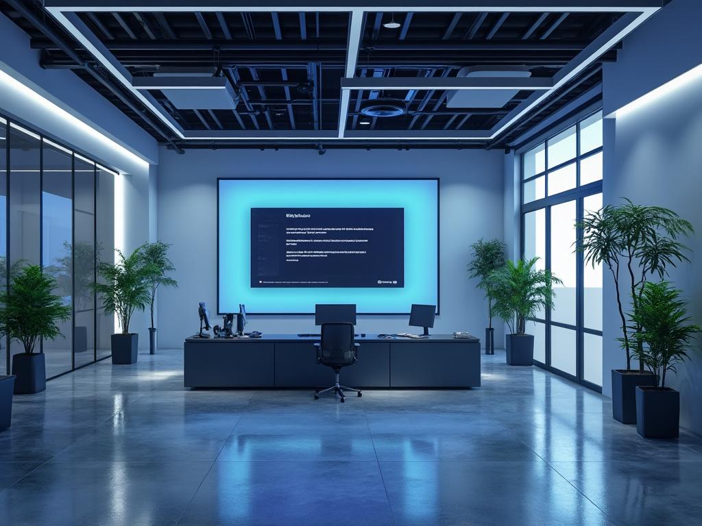Modern office with sleek desk, ergonomic chair, large digital screen on blue accent wall, glass partitions, and decorative plants.
