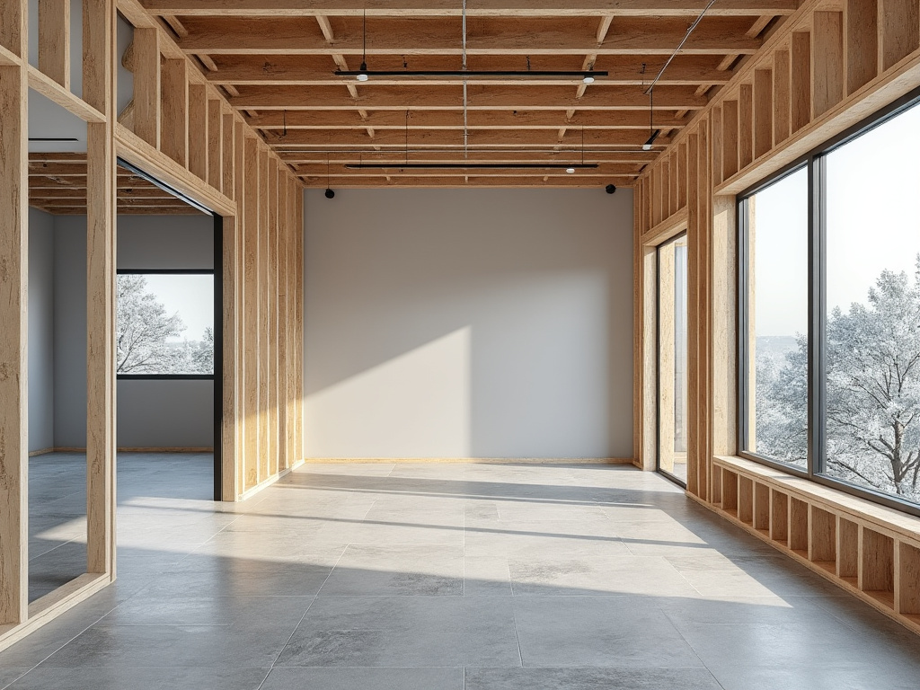 Modern unfinished room with exposed wood framing, large windows, concrete tile floor, and natural sunlight