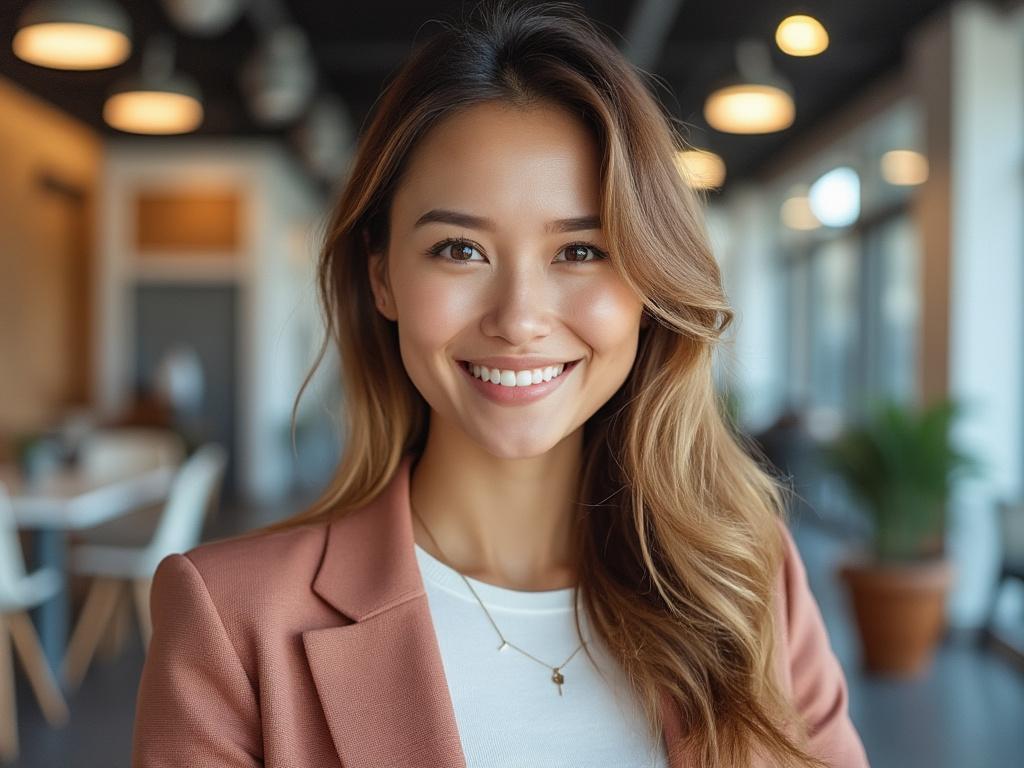 Smiling woman in a business setting wearing a brown blazer and white top, with soft office lighting in the background.