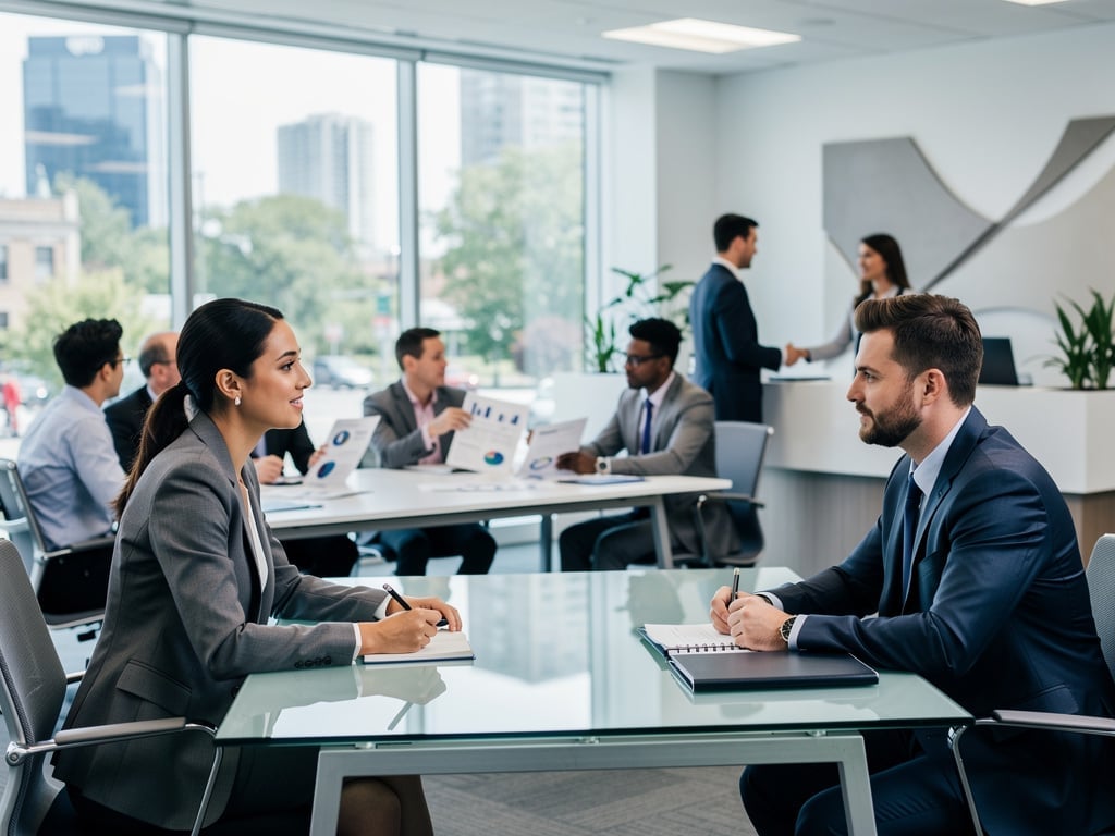 Business professionals in a modern office meeting with colleagues discussing charts and shaking hands