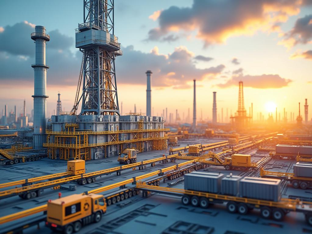 Oil refinery with industrial towers and trucks at sunset