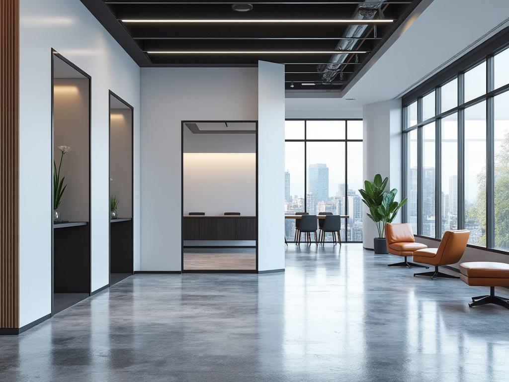 Espacio de oficina moderno con sillas anaranjadas, plantas, y grandes ventanales que muestran una vista urbana de la ciudad.