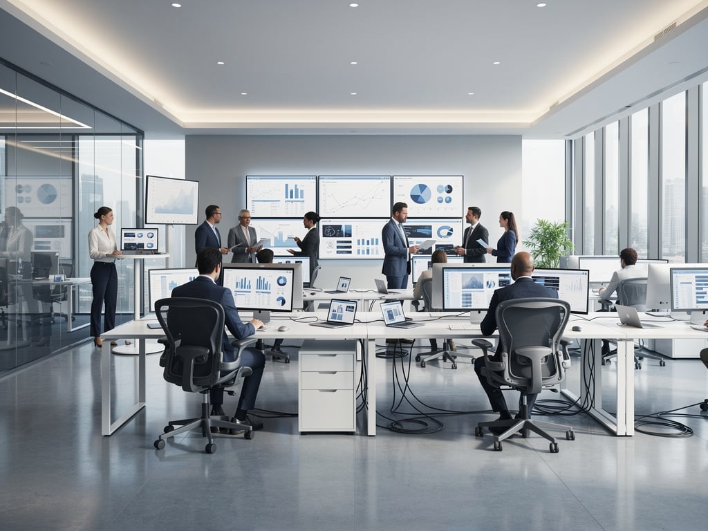 Modern office team analyzing business data dashboards on multiple screens in a collaborative workspace