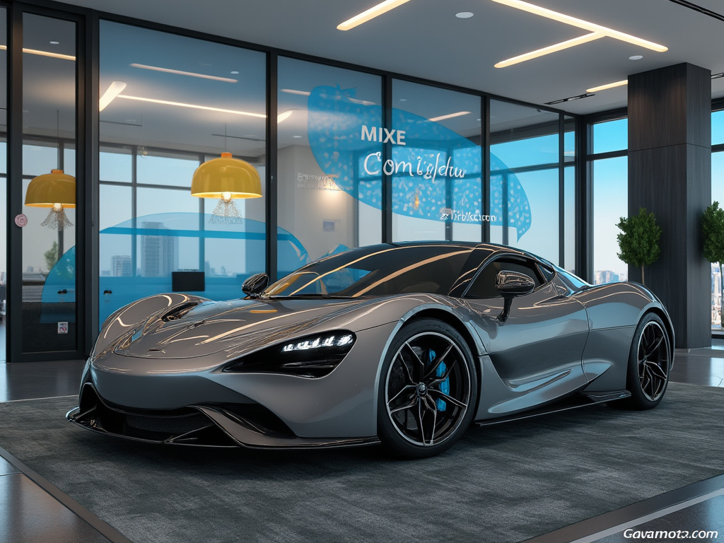 Silver luxury sports car displayed in a modern glass showroom with sleek lighting and city views