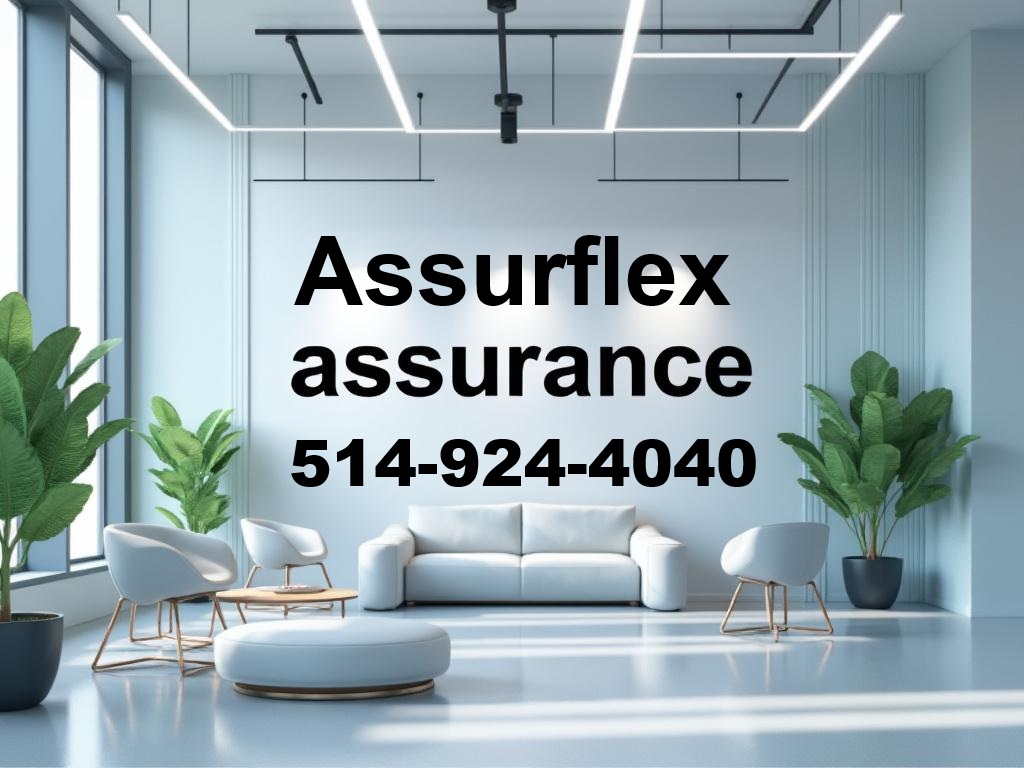 Salon moderne avec canapé blanc, chaises design, plantes vertes et mot 'assurance' sur le mur.