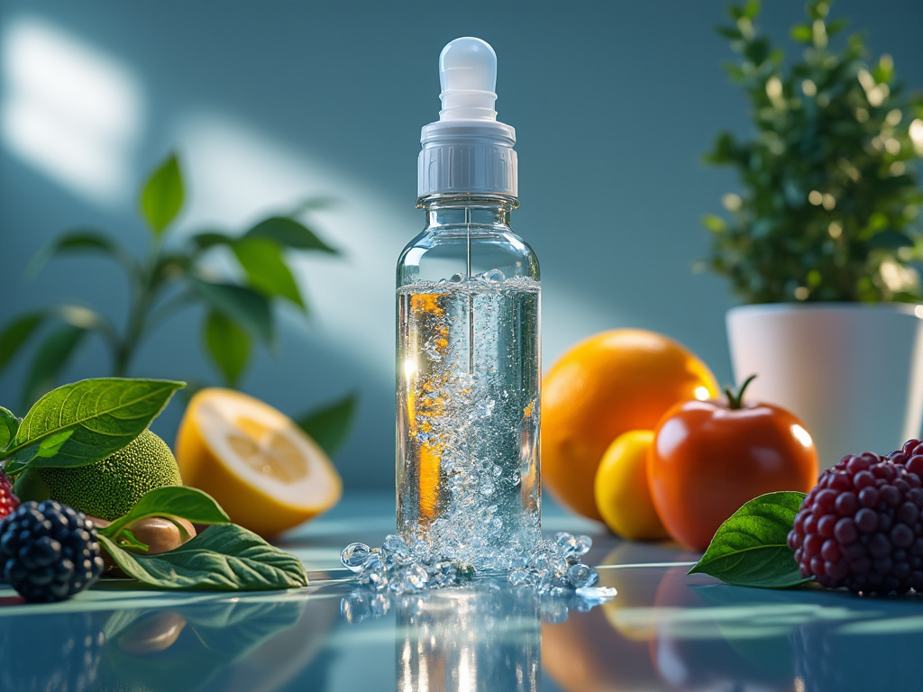 Clear glass dropper bottle with liquid, surrounded by fresh fruits and green leaves on a blue surface.