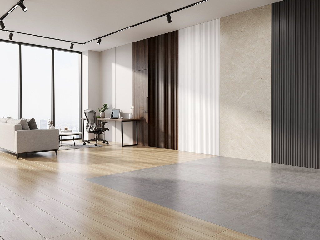 Modern open-plan living room and home office with wood flooring, large windows, track lighting, and decorative wall panels