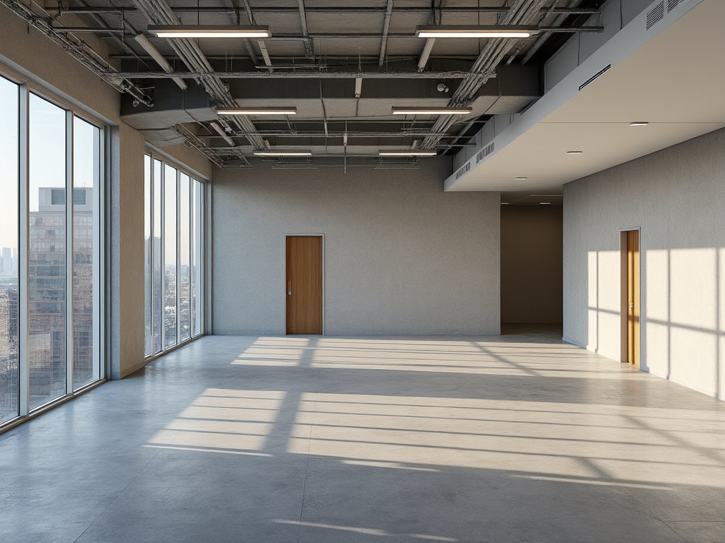 Spacious modern office interior with large windows, concrete floor, and ceiling light fixtures