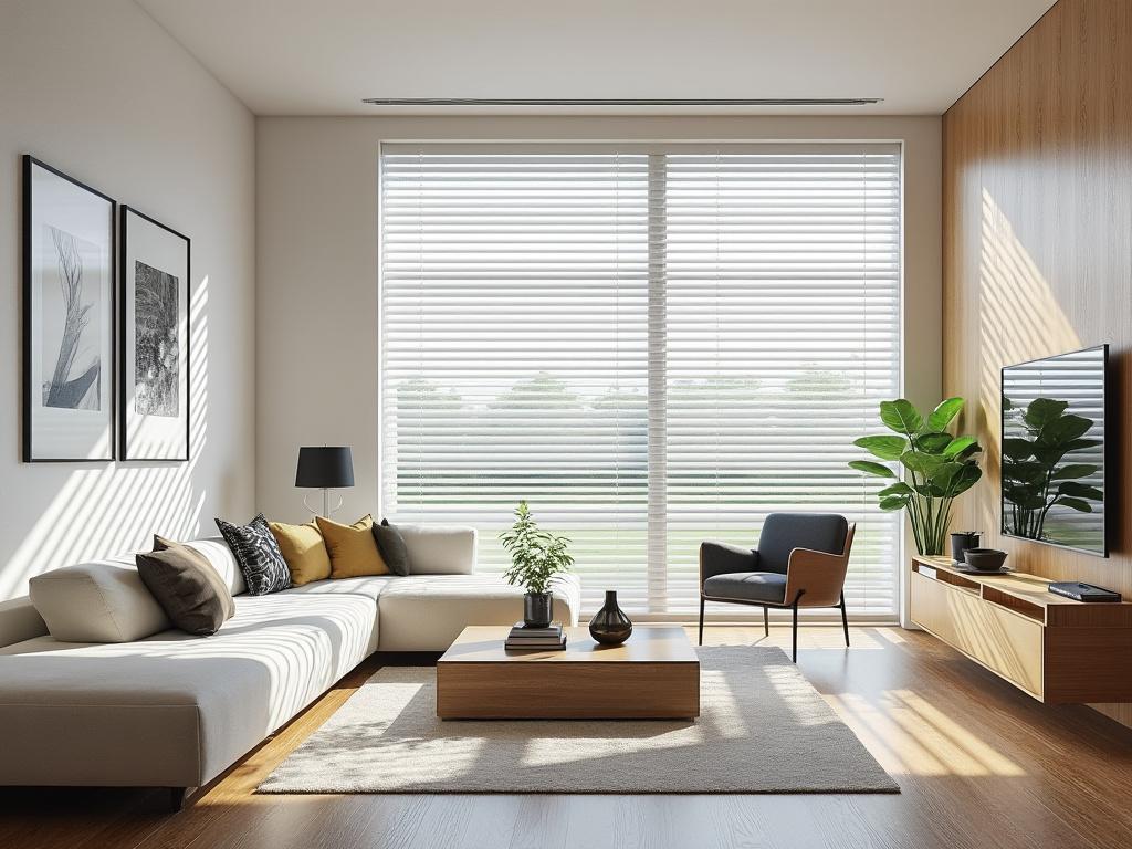 Modern living room with large window, white sectional sofa, dark accent chair, wooden coffee table, wall-mounted TV, and indoor plant.