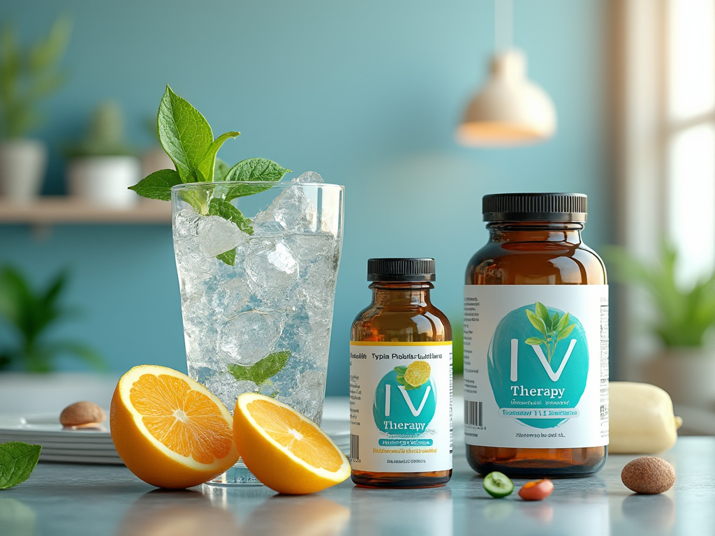 IV therapy bottles with fresh citrus and mint leaves beside a glass of iced water.